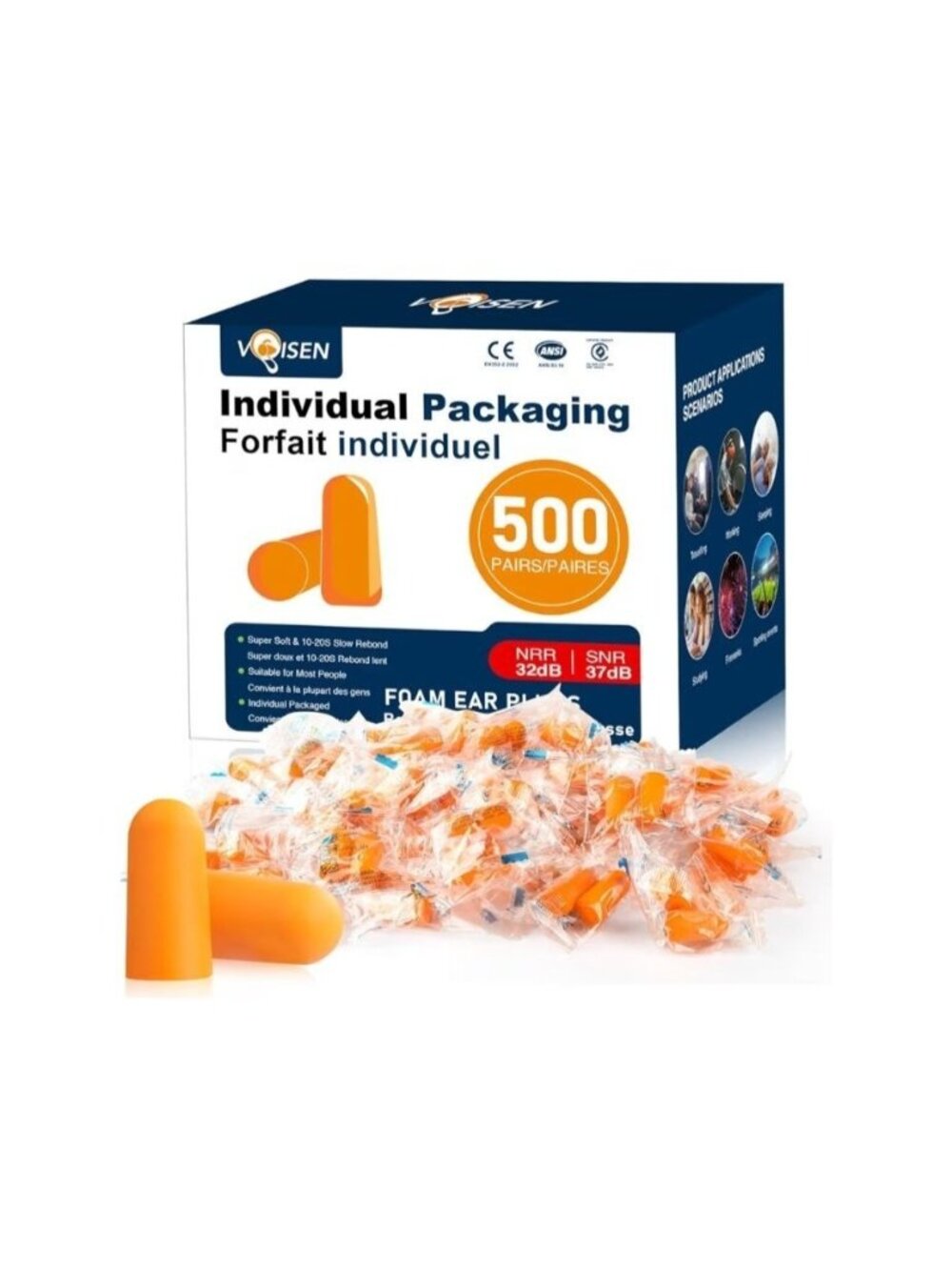 500 Pair Foam Ear Plugs Noise Reduction 32dB NRR & 37dB SNR Individually Package